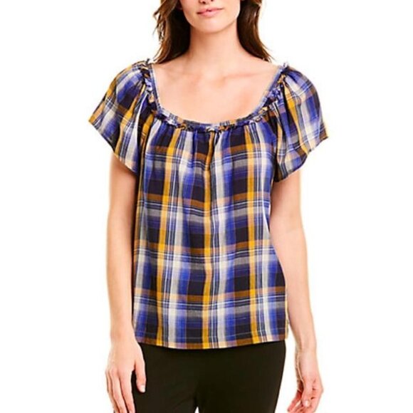 VINCE Camuto New Blue Plaid Top BNWT Short Sleeve - Picture 1 of 8